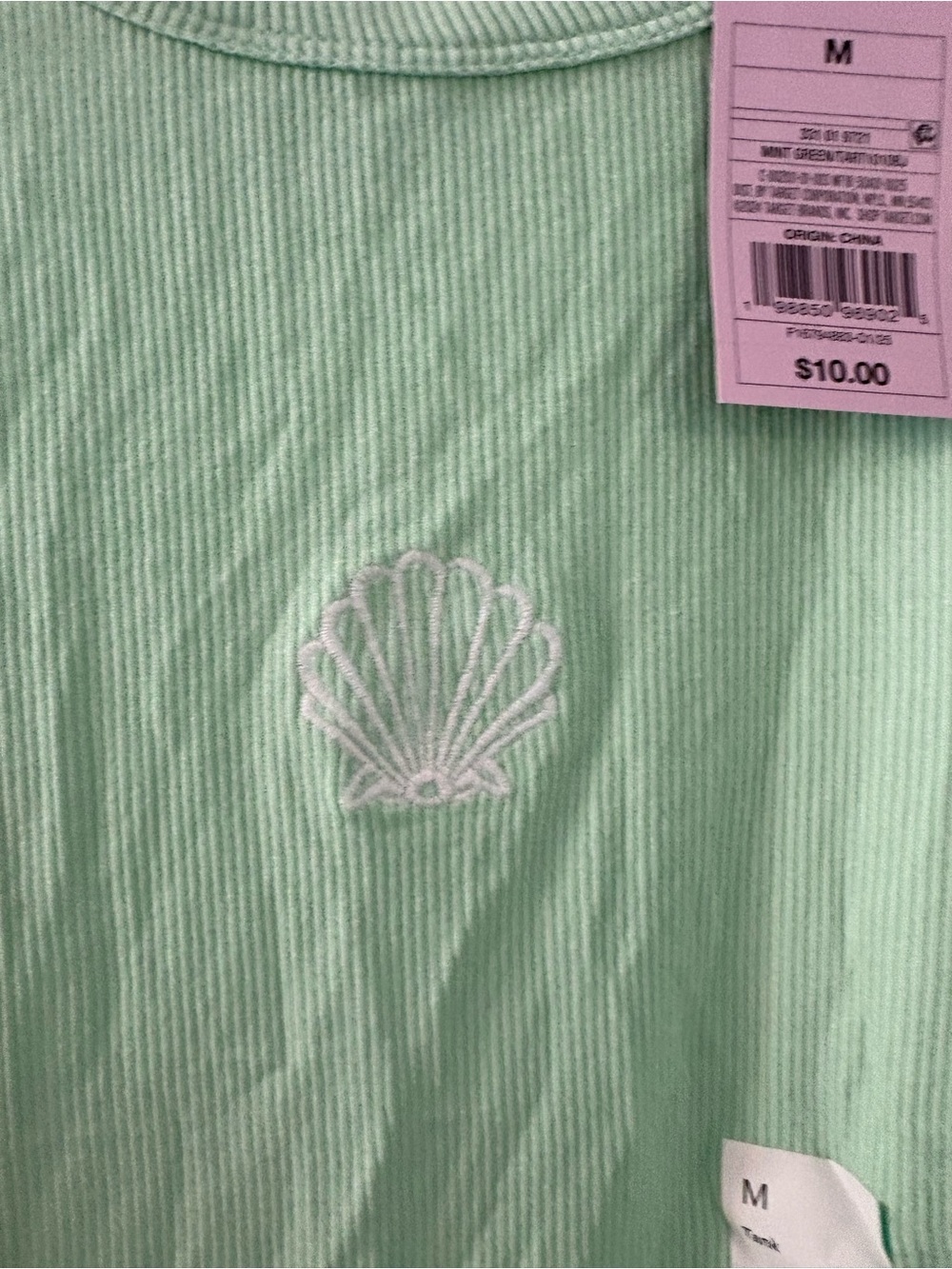 Mint Green Ribbed Shell-Embroidered Tank Top - M - Picture 2 of 4